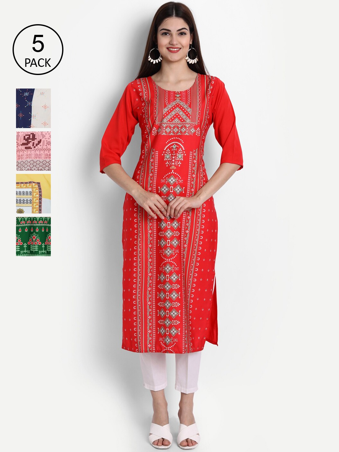 

Ethnic basket Women Pack Of 5 Red & White Printed Block Print Crepe Kurta