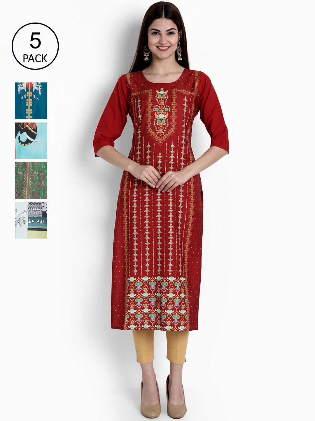 

Ethnic basket Women Pack of 5 Digital Printed Straight Kurtas, Maroon