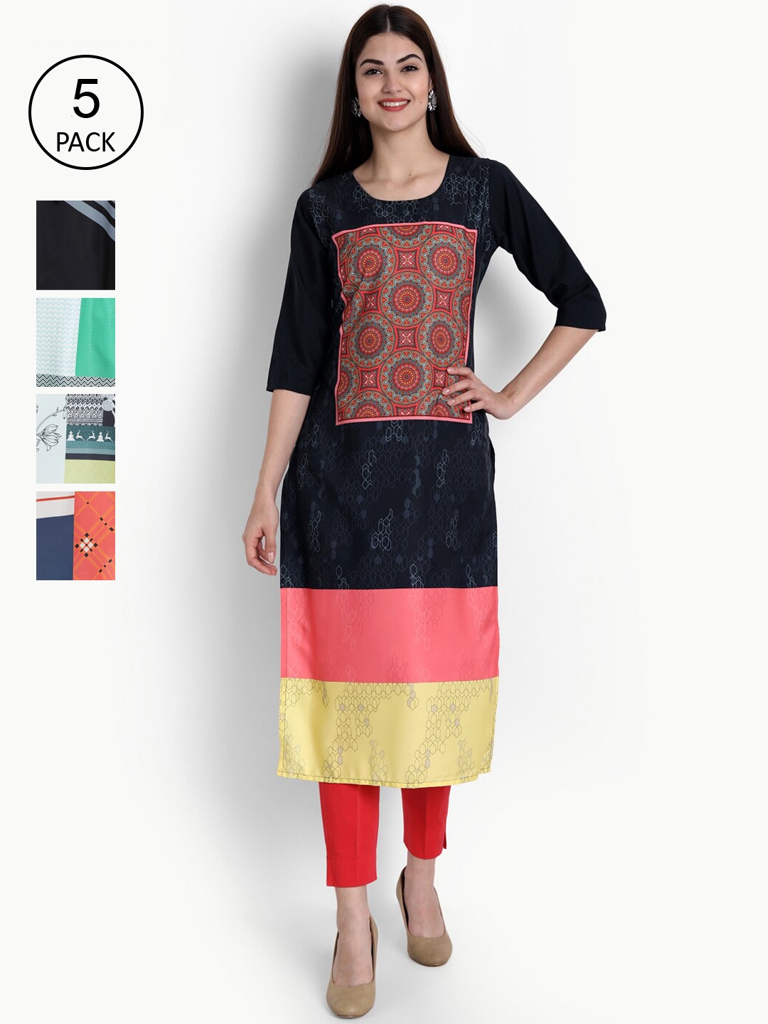 

Ethnic basket Women Pack of 5 Digital Printed Straight Kurtas, Black