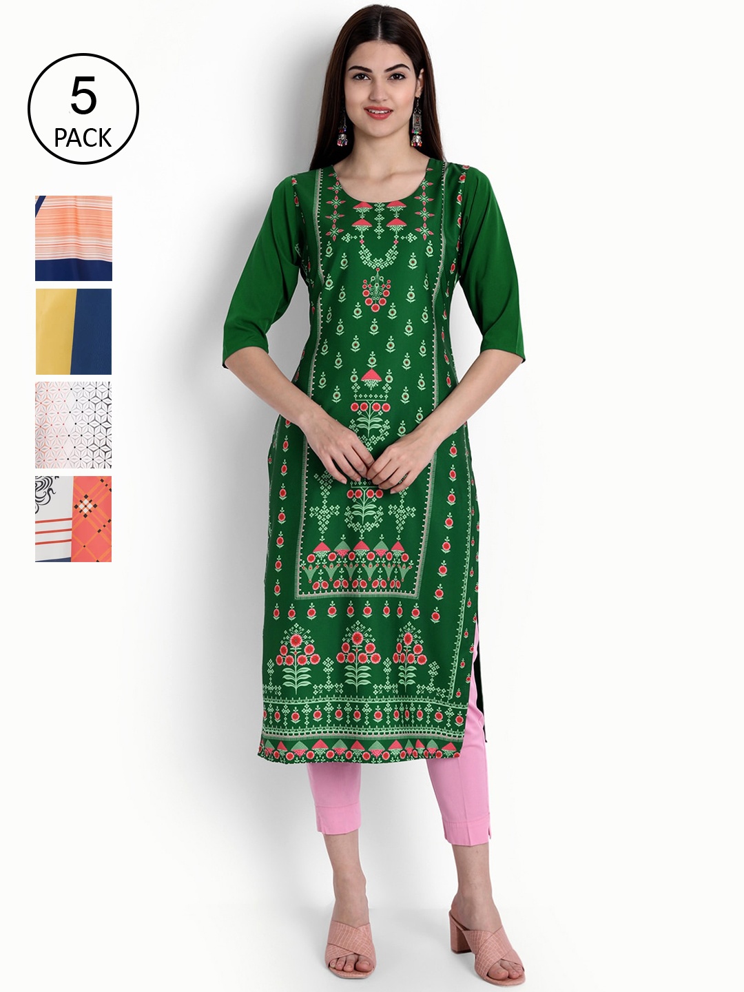 

Ethnic basket Women Pack Of 5 Kurtas, Green