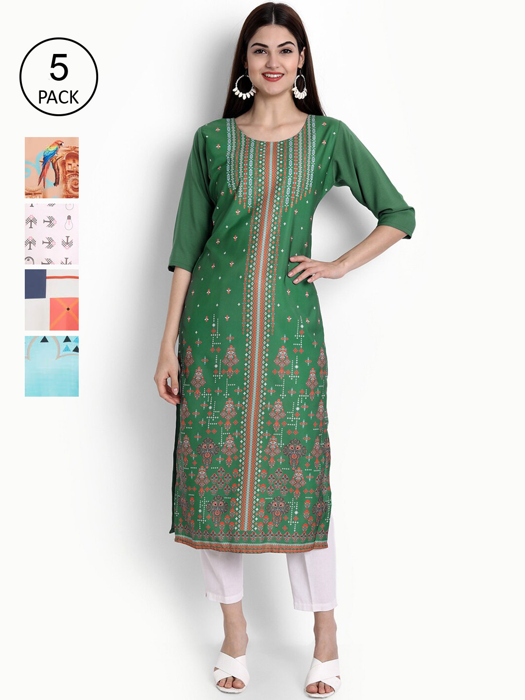 

Ethnic basket Women Pack Of 5 Kurtas, Green