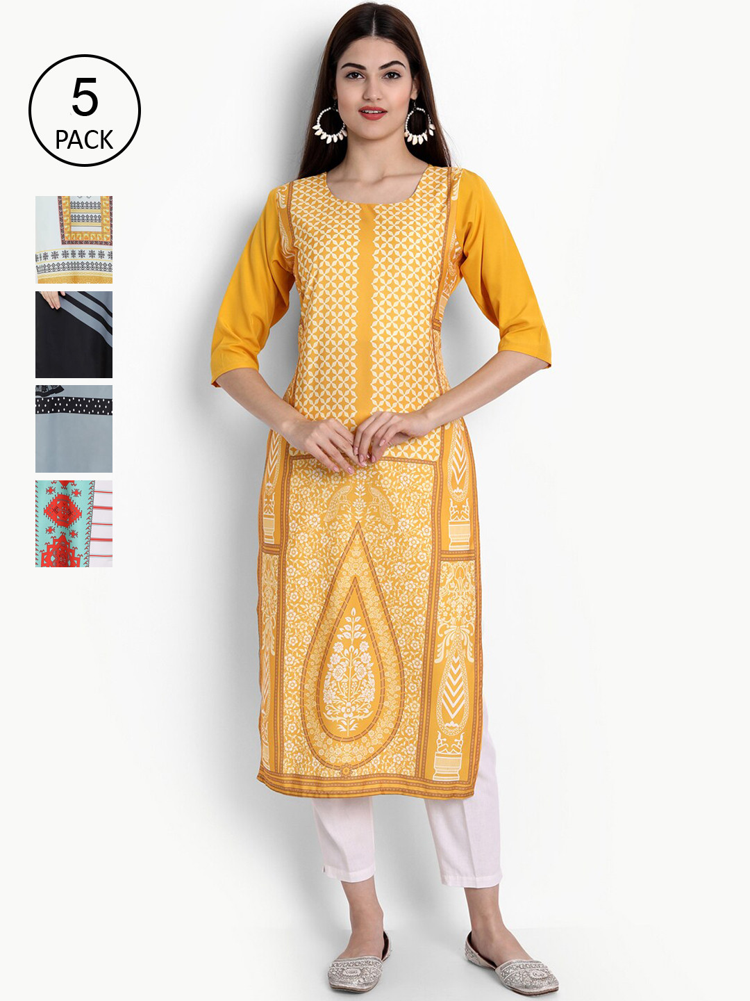 

Ethnic basket Women Pack Of 5 Kurtas, Yellow