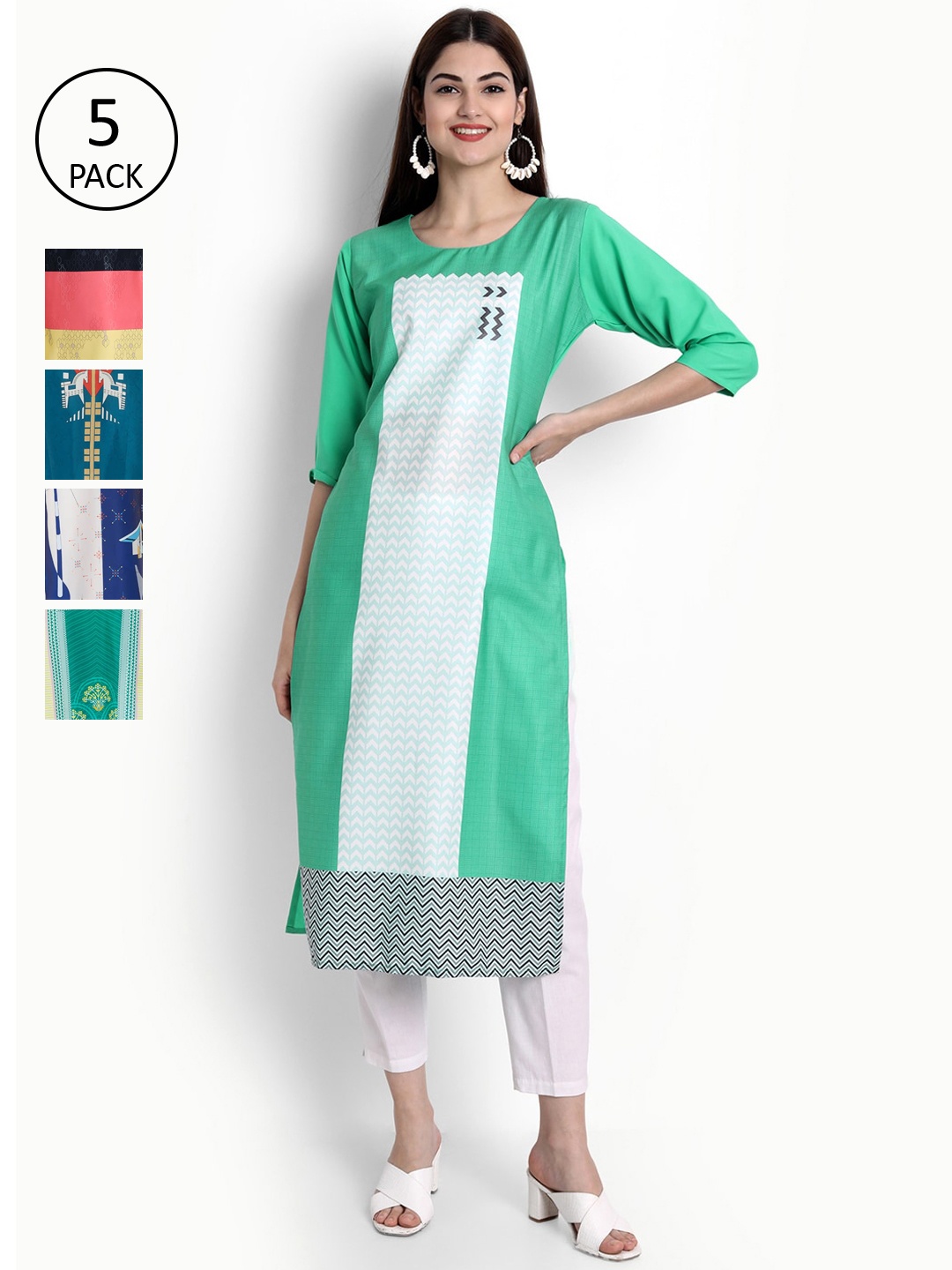 

Ethnic basket Women Pack Of 5 Kurtas, Green