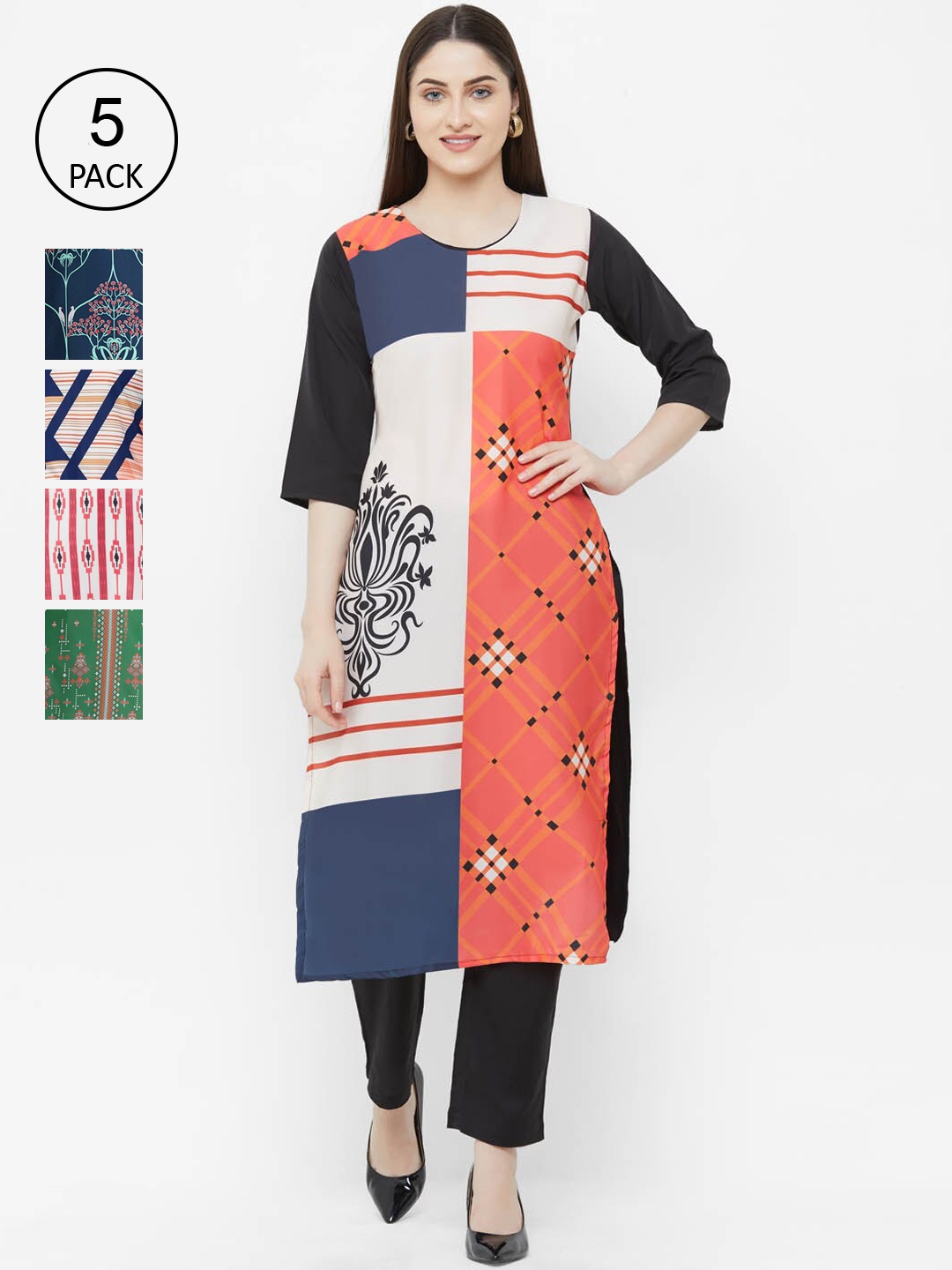 

Ethnic basket Women Pack of 5 White & Blue Ethnic Motifs Printed Crepe Kurta