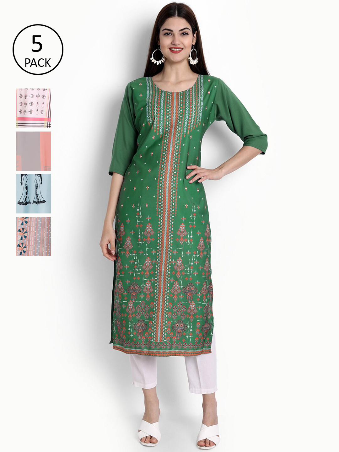 

Ethnic basket Women Pack Of 5 Printed Crepe Kurta, White