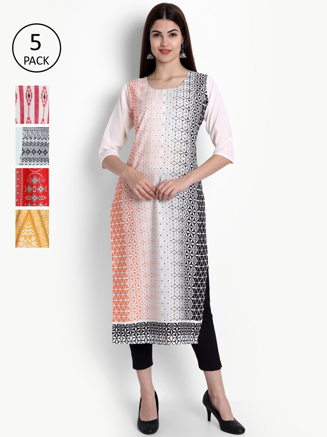 

Ethnic basket Women Pack Of 5 White & Yellow Printed Block Print Crepe Kurta