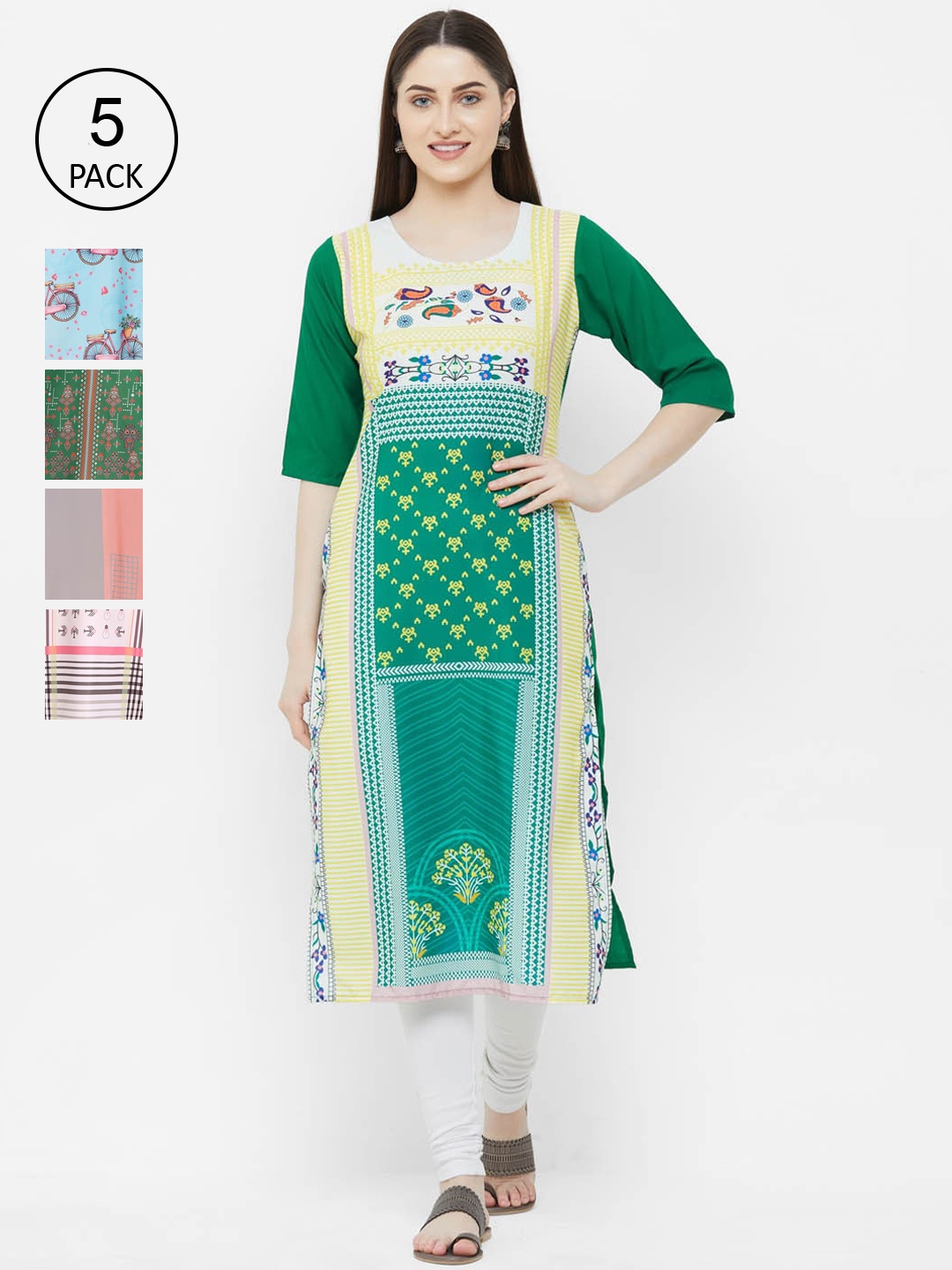 

Ethnic basket Women Pack of 5 Digital Printed Straight Kurtas, Green