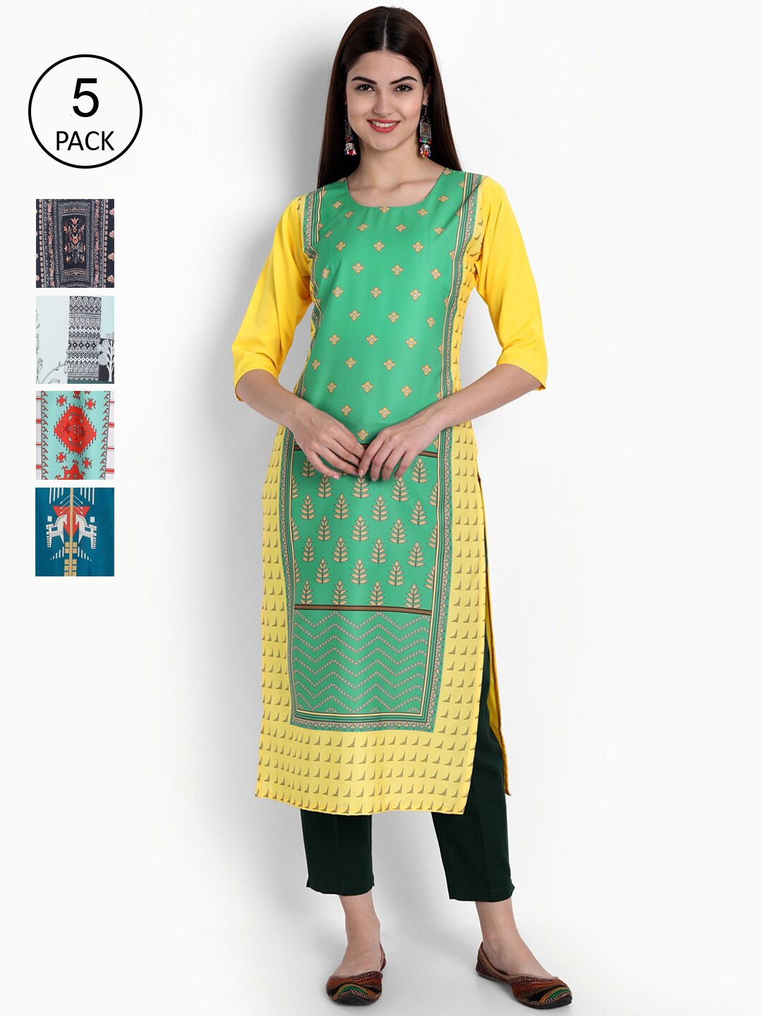 

Ethnic basket Women Pack Of 5 Kurtas, Green