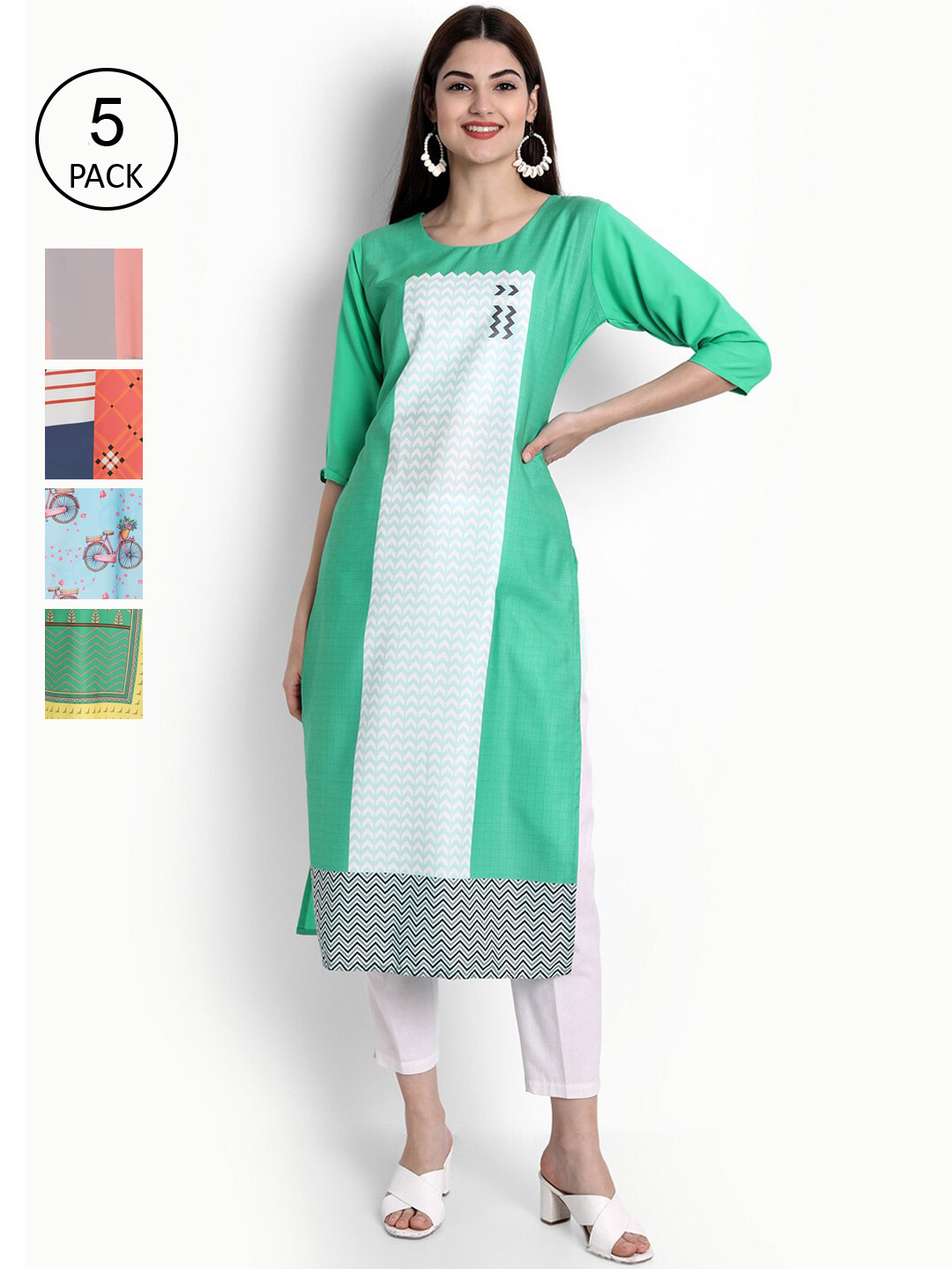

Ethnic basket Women Pack Of 5 Kurtas, Green