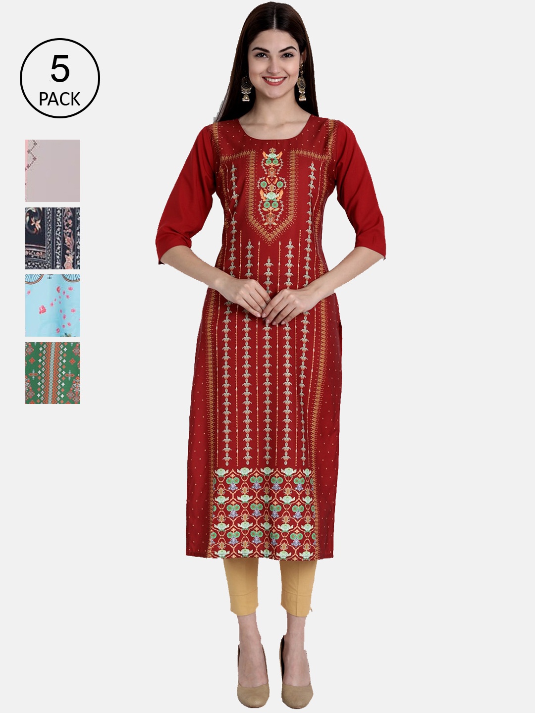 

Ethnic basket Women Multicoloured Pack Of 5 Digital Printed Crepe Kurta, Multi