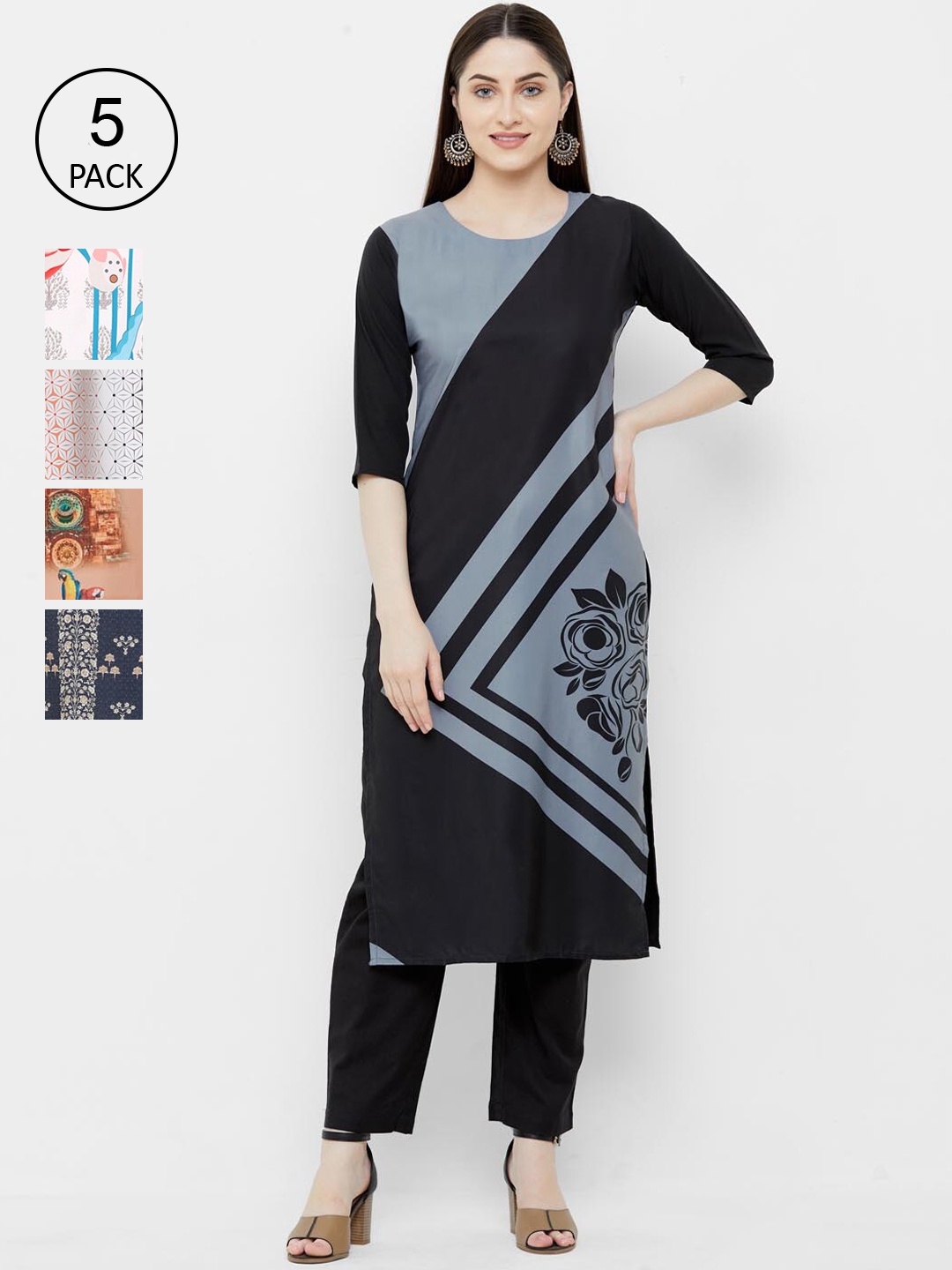 

Ethnic basket Women Multicoloured Pack Of 5 Digital Printed Crepe Kurta, Multi