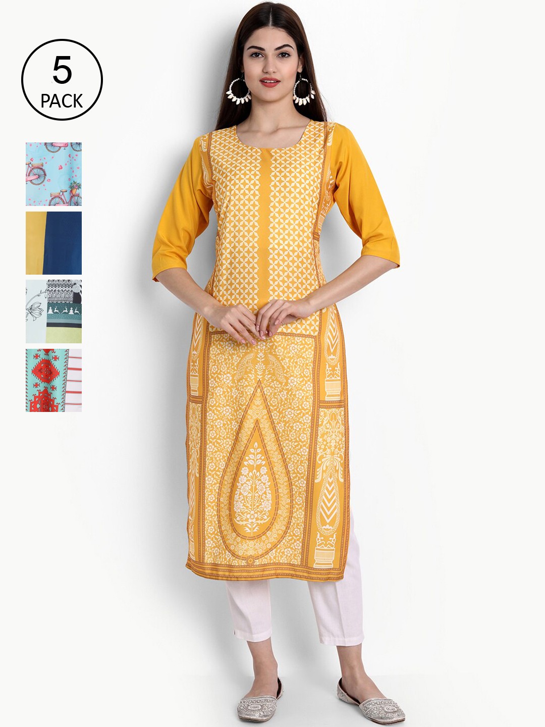 

Ethnic basket Women Pack Of 5 Kurtas, Yellow