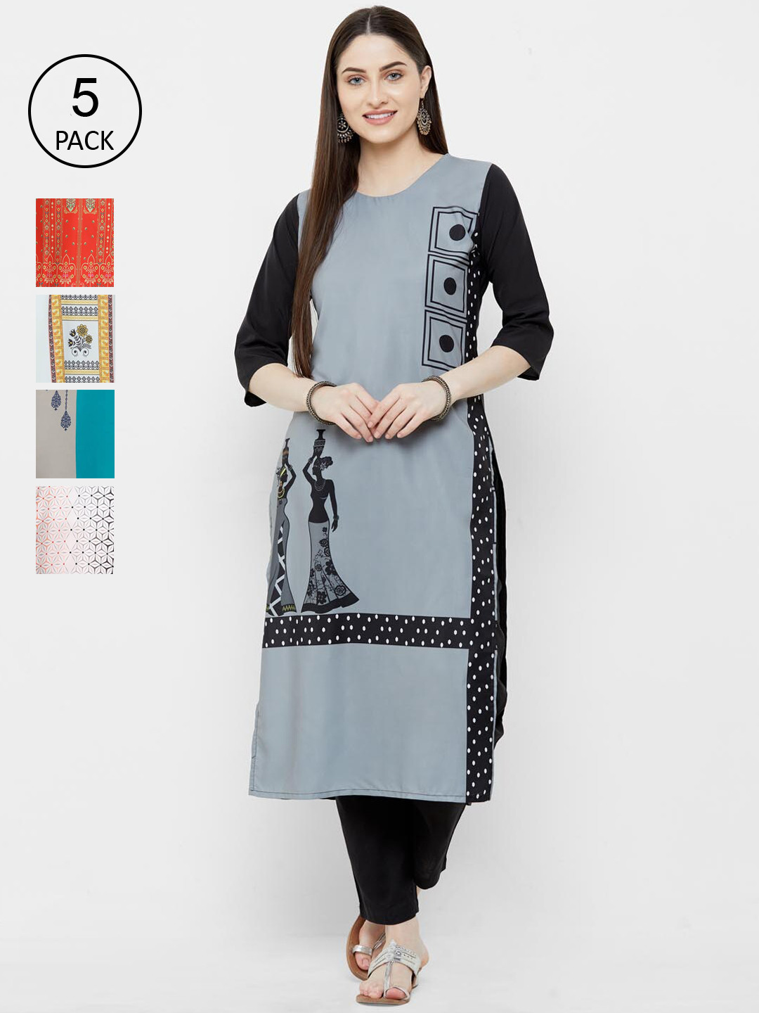 

Ethnic basket Women Pack Of 5 Black & Teal Printed Block Print Crepe Kurta
