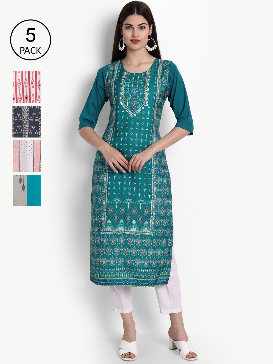 

Ethnic basket Women Pack Of 5 Teal & Black Printed Block Print Crepe Kurta