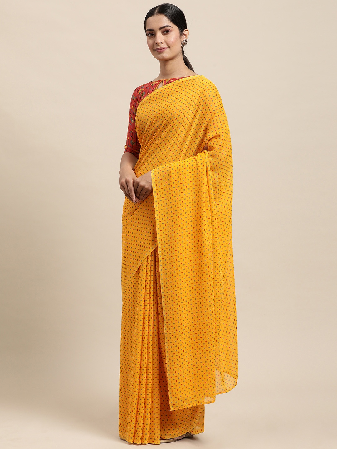

KALINI Women Mustard & Red Printed Saree