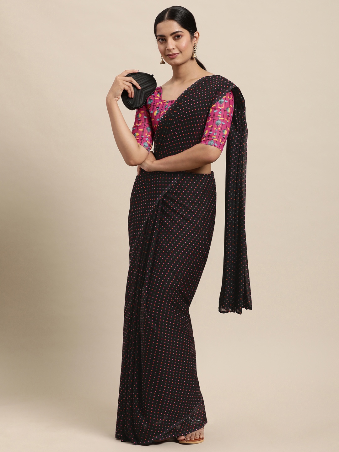 

KALINI Black Polka Dots Print Saree