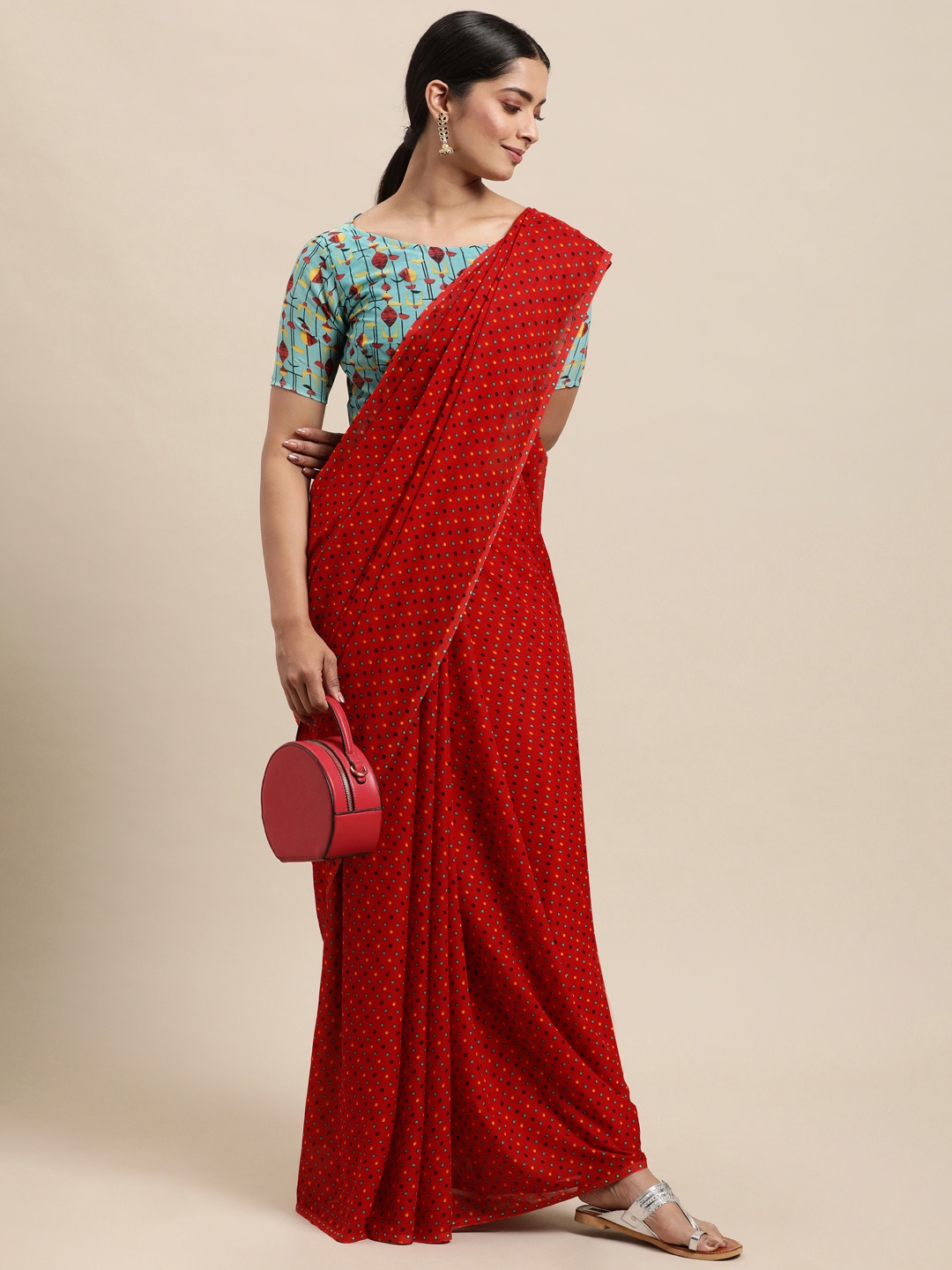 

KALINI Red Polka Dots Print Saree