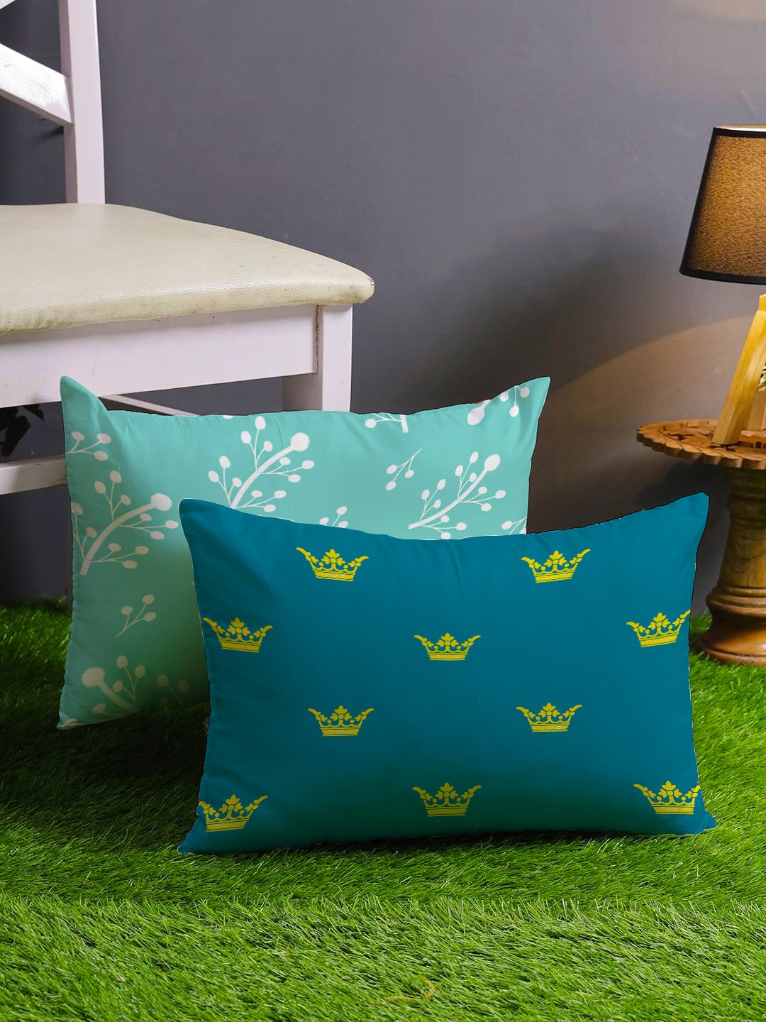 

STITCHNEST Blue & Green Set of 2 Floral Rectangle Cushion Covers