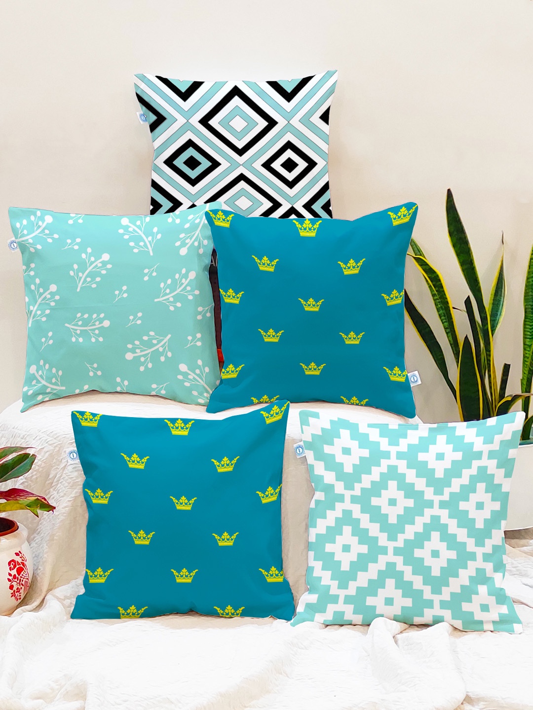 

STITCHNEST Set Of 5 Blue & White Geometric Square Cushion Covers