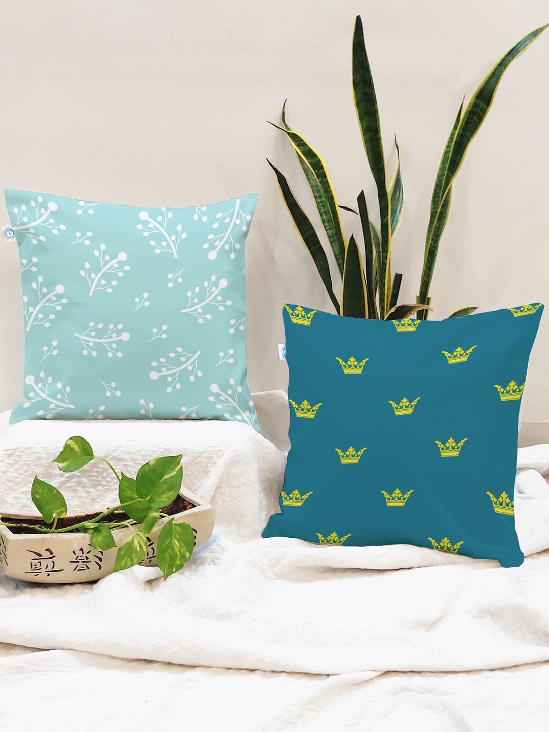 

STITCHNEST Blue & Green Set of 2 Printed Square Cushion Covers