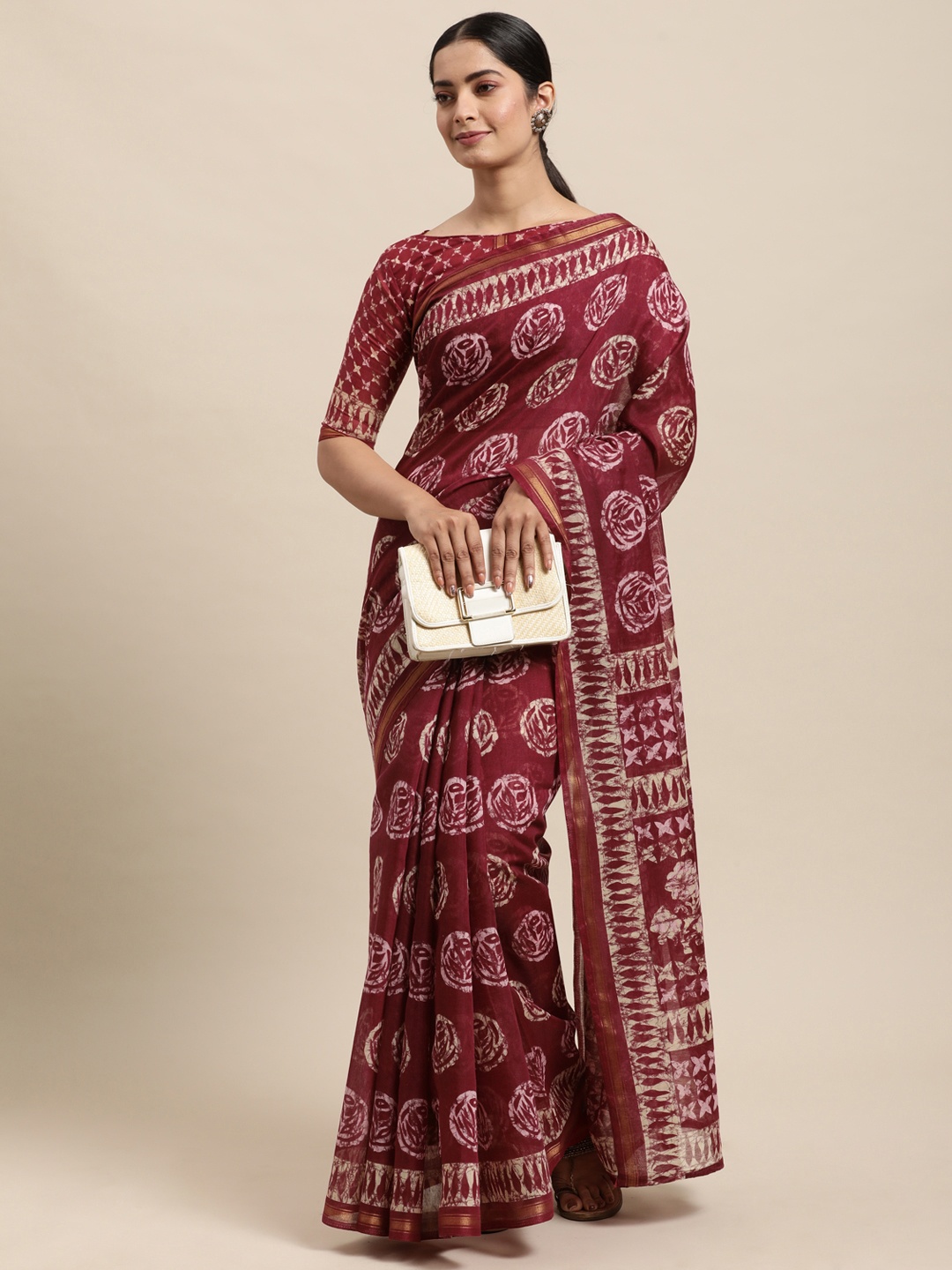 

KALINI Maroon Block Print Saree