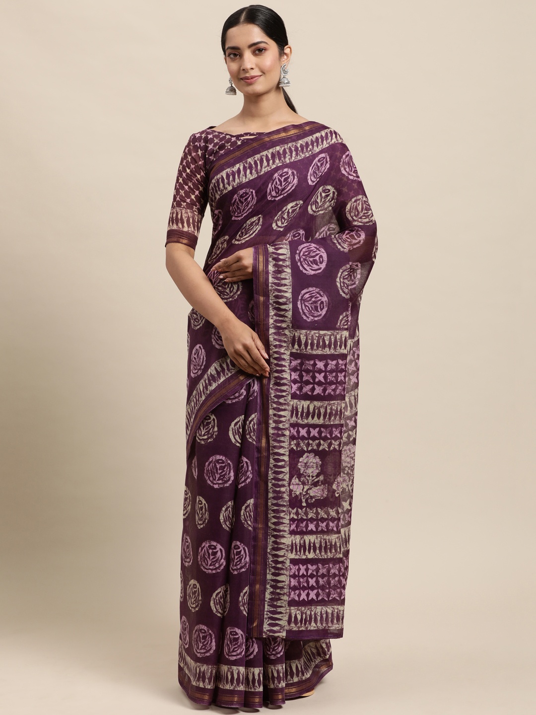 

KALINI Purple & Off White Block Print Saree