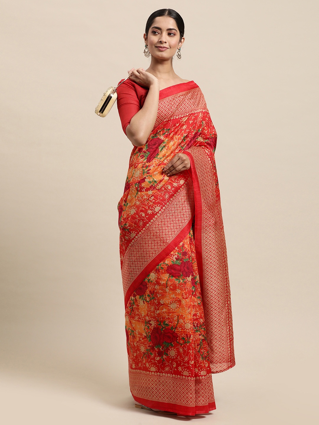 

KALINI Red & Yellow Floral Print Art Silk Saree