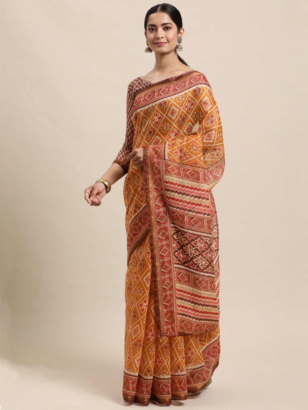 

KALINI Orange & Pink Bandhani Print Saree