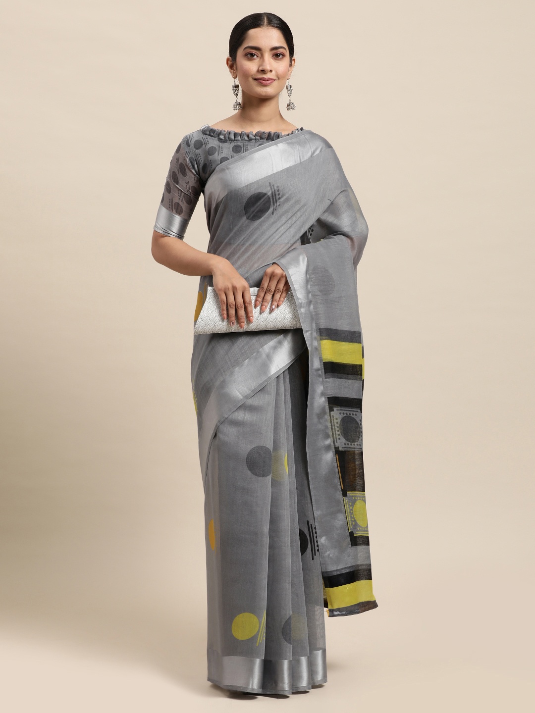 

KALINI Grey Block Print Saree