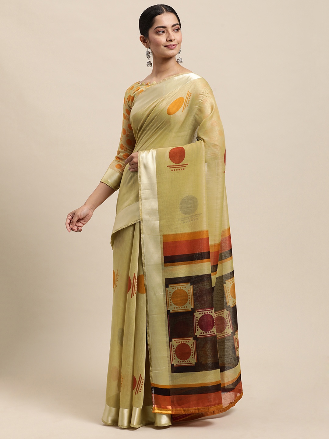 

KALINI Golden Block Print Saree, Gold