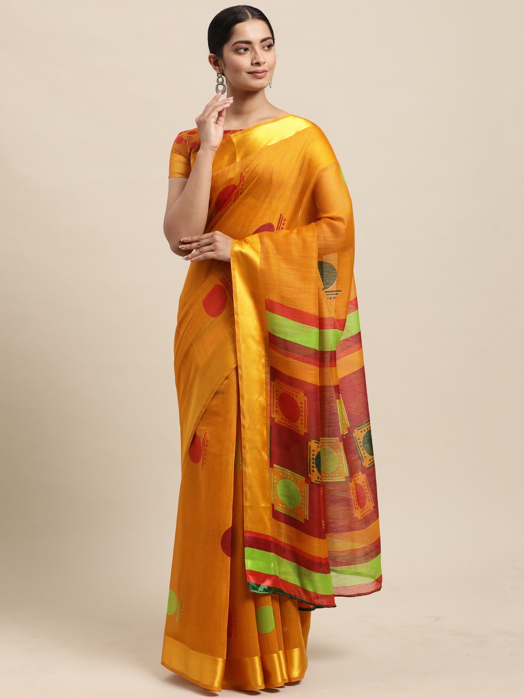 

KALINI Mustard Yellow Block Print Saree