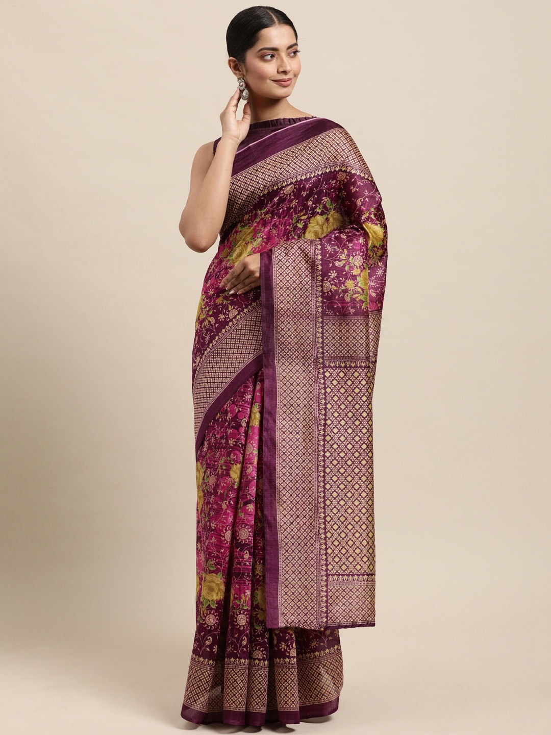 

KALINI Burgundy & Pink Floral Print Art Silk Saree