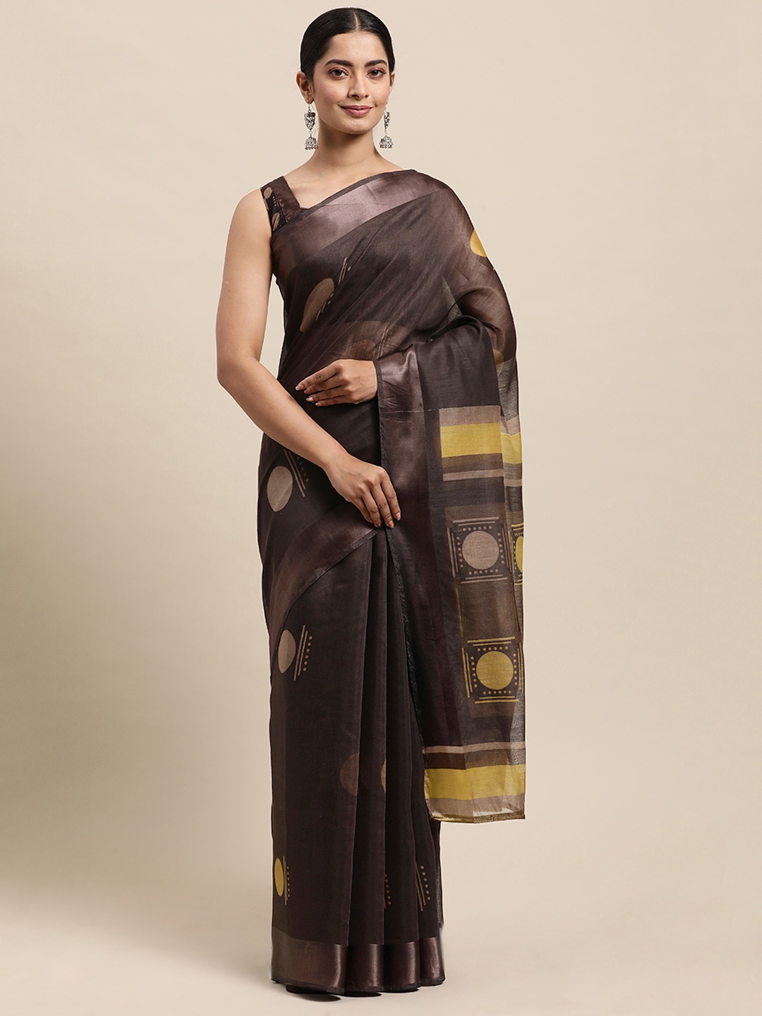 

KALINI Coffee Brown Block Print Saree