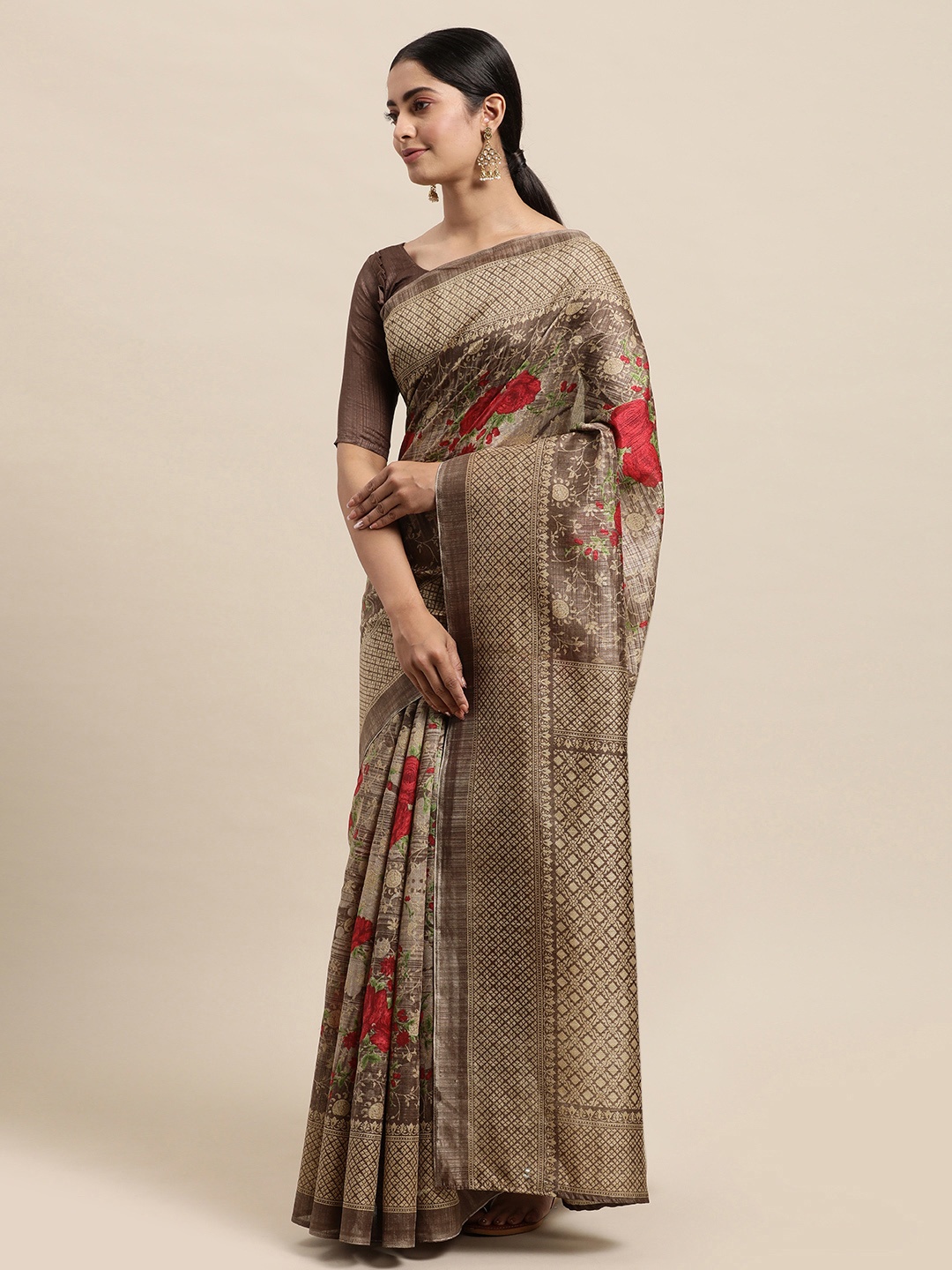 

KALINI Brown & Red Floral Print Art Silk Saree