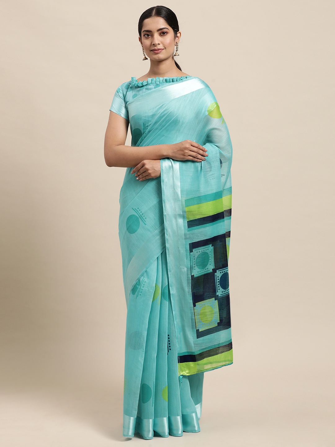 

KALINI Turquoise Blue Block Print Saree