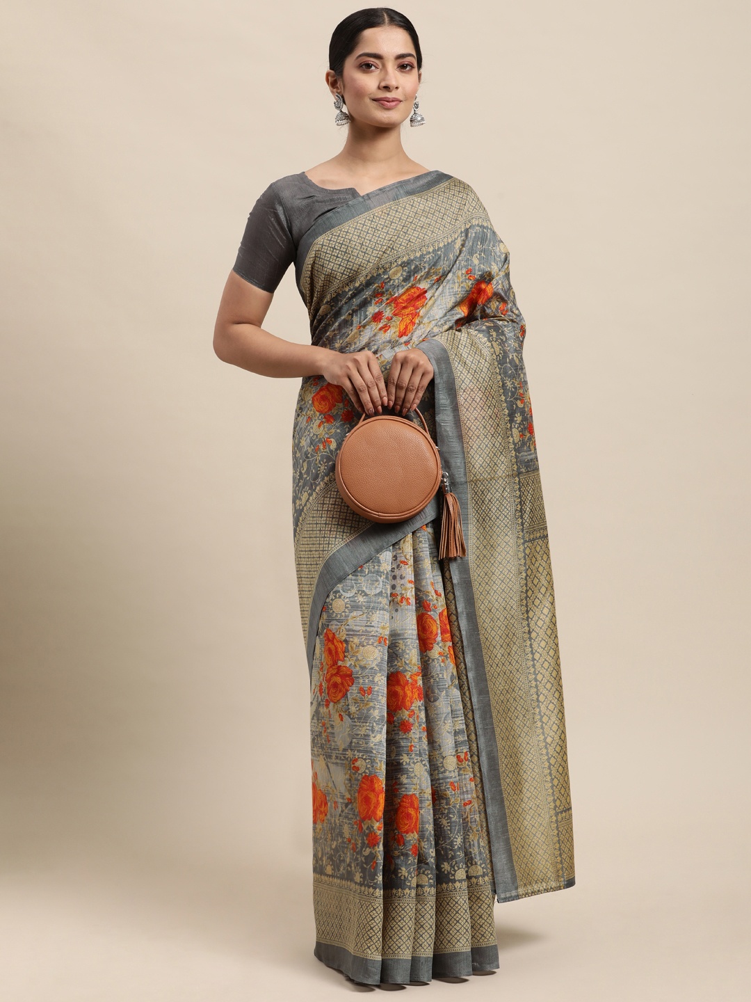 

KALINI Grey & Orange Floral Print Art Silk Saree
