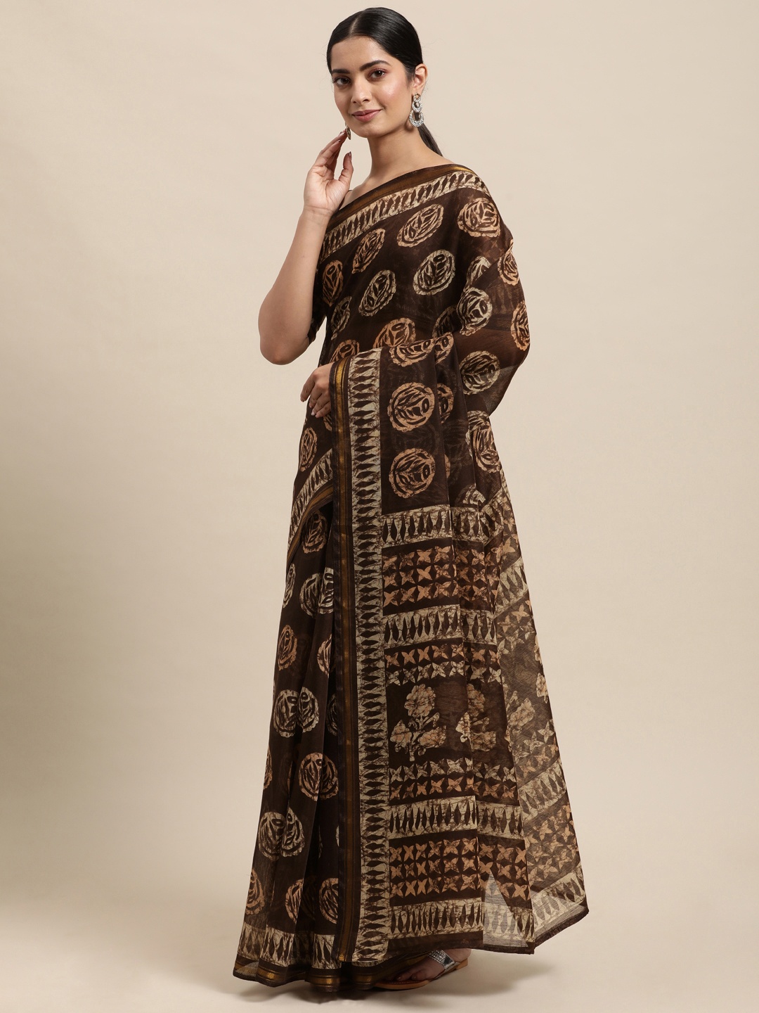

KALINI Brown Block Print Saree