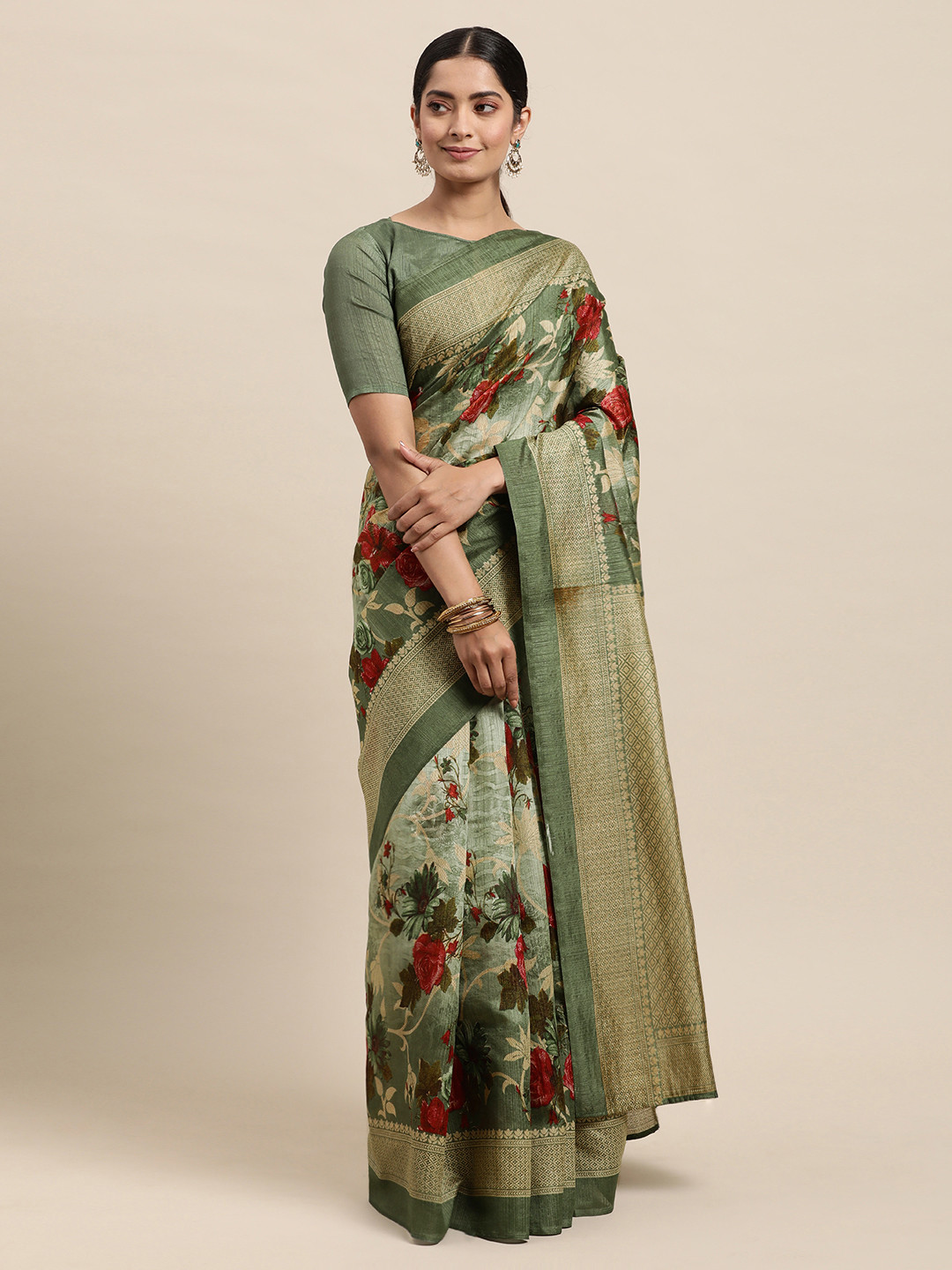 

KALINI Green & Red Floral Print Saree