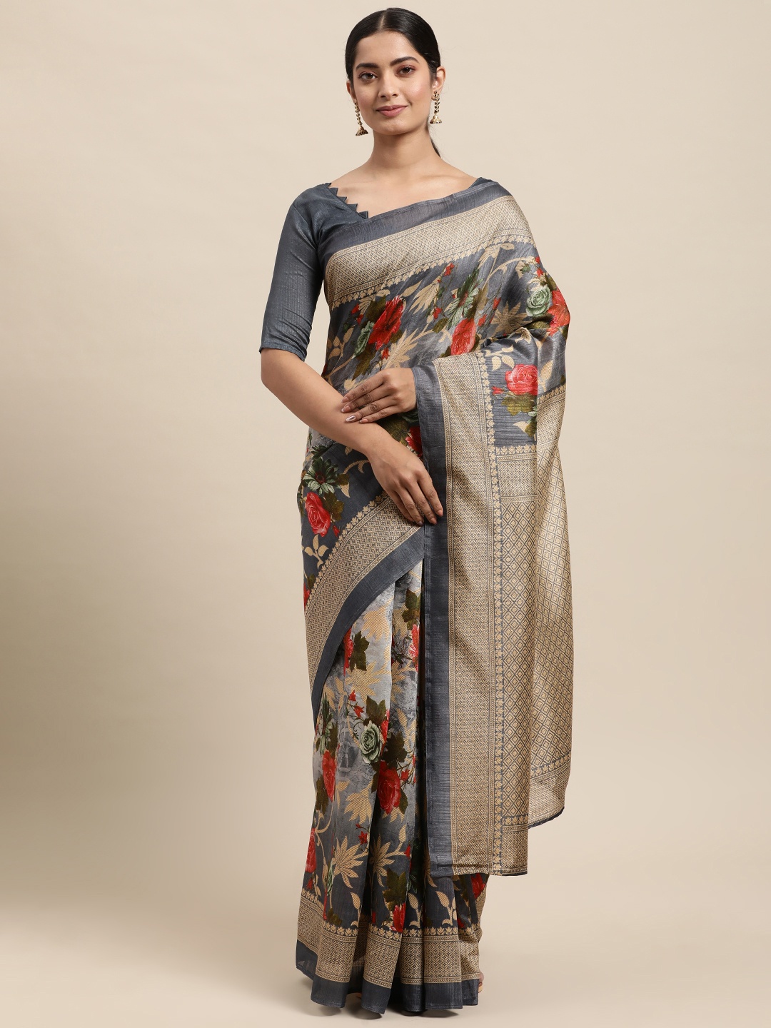 

KALINI Grey & Red Floral Print Saree
