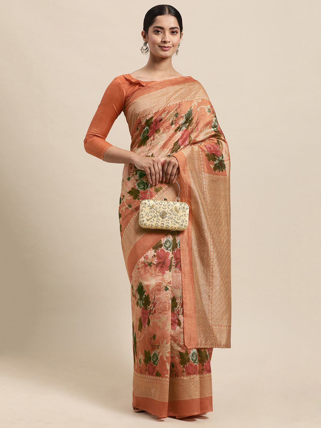 

KALINI Peach-Coloured & Green Floral Print Saree