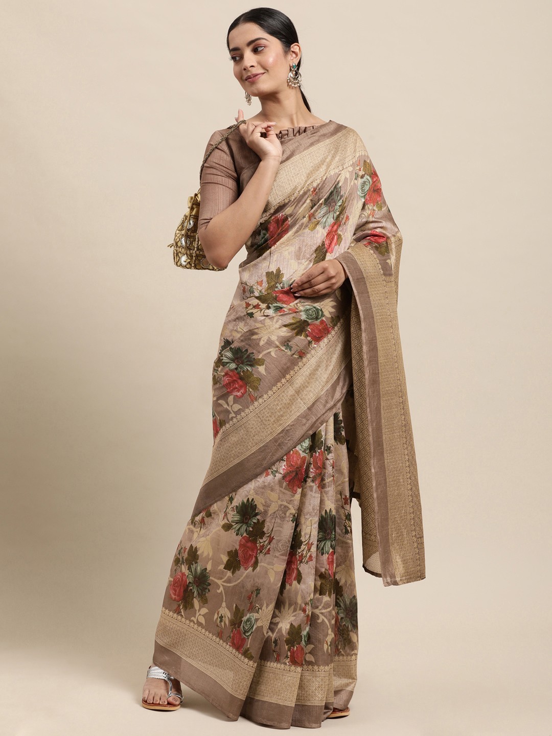 

KALINI Taupe & Green Floral Print Saree