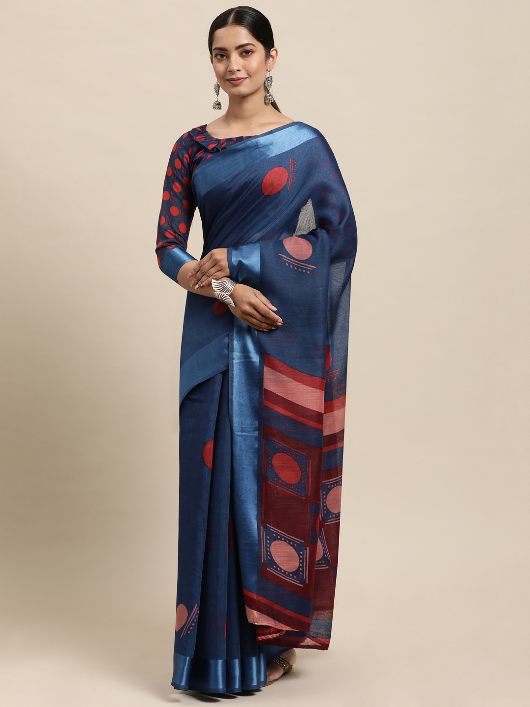 

KALINI Navy Blue Block Print Saree