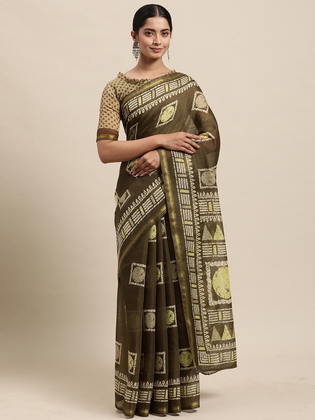 

KALINI Olive Green Printed Saree