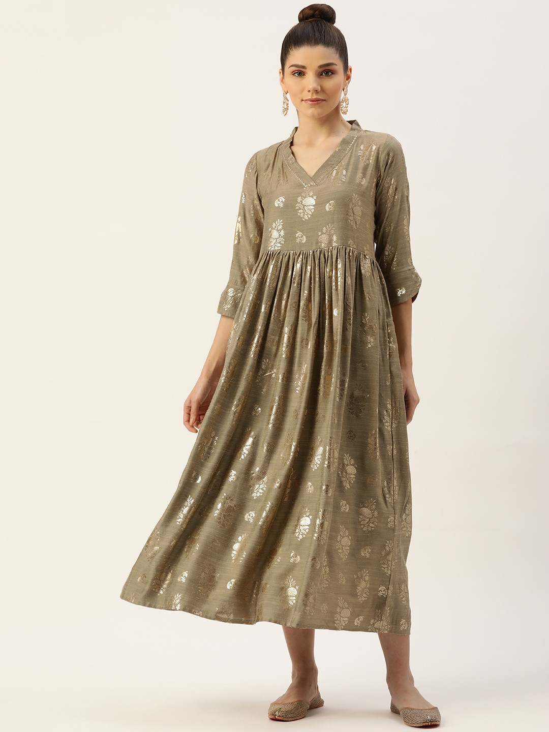 

VAABA Gold-Toned Ethnic Motifs A-Line Maxi Dress