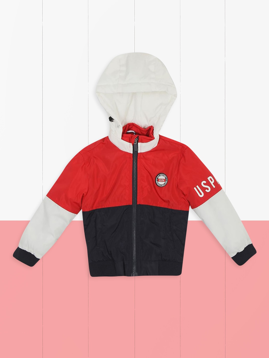 

U.S. Polo Assn. Kids Boys Red & Navy Blue Colourblocked Hooded Sporty Jacket