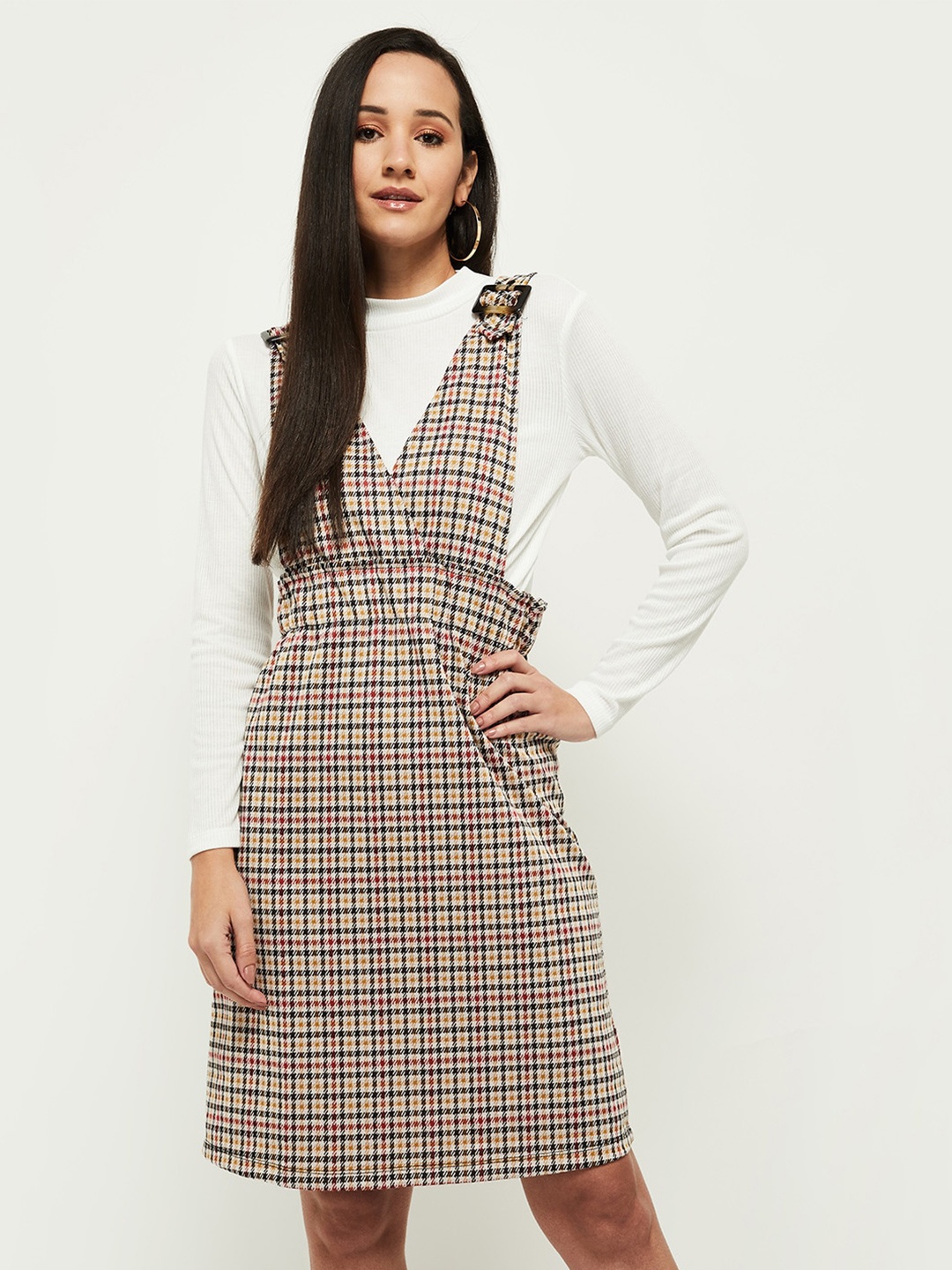 

max Women Beige & Maroon Checked Pinafore Dress with T-shirt