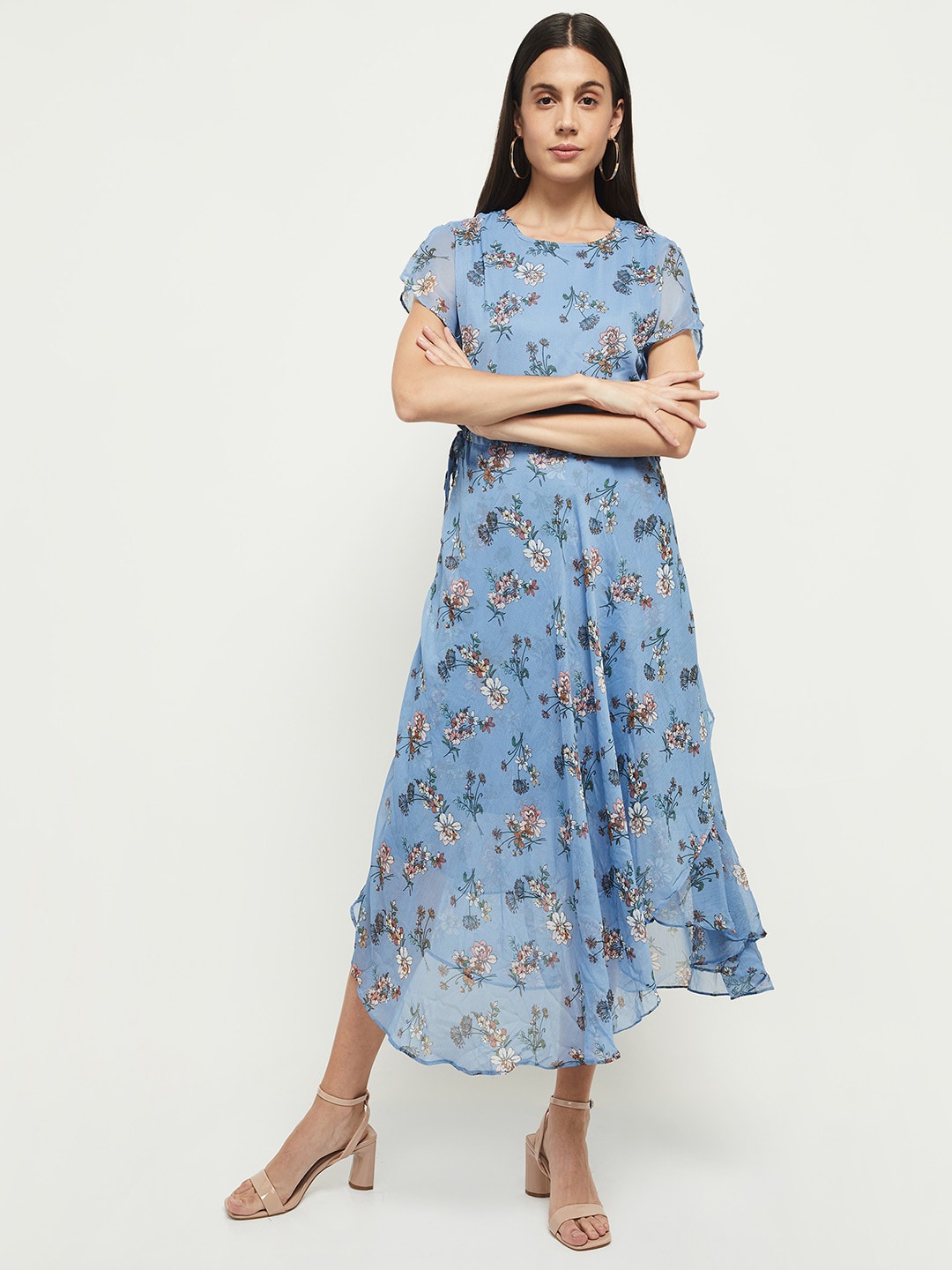 

max Blue Floral A-Line Midi Dress