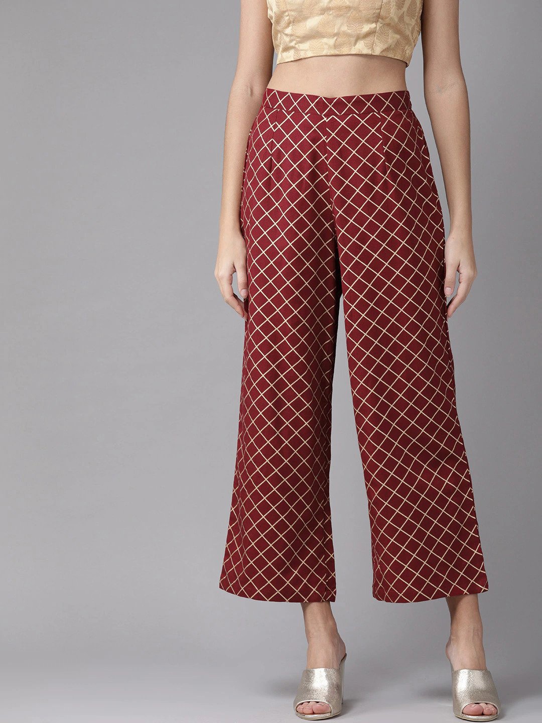 

anayna Women Maroon Checked Wide Leg Palazzo