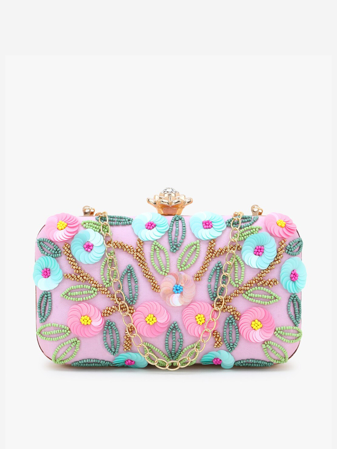 

Anekaant Pink & Multicoloured Floral Embellished Faux Silk Box Clutch