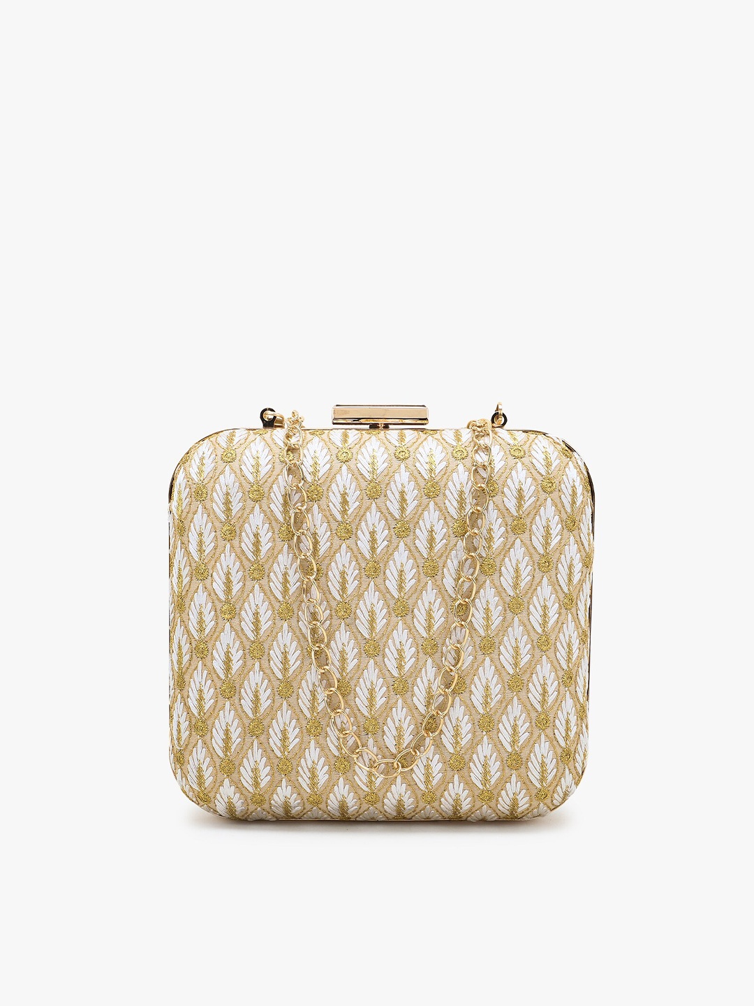 

Anekaant White & Gold-Toned Embroidered Box Clutch